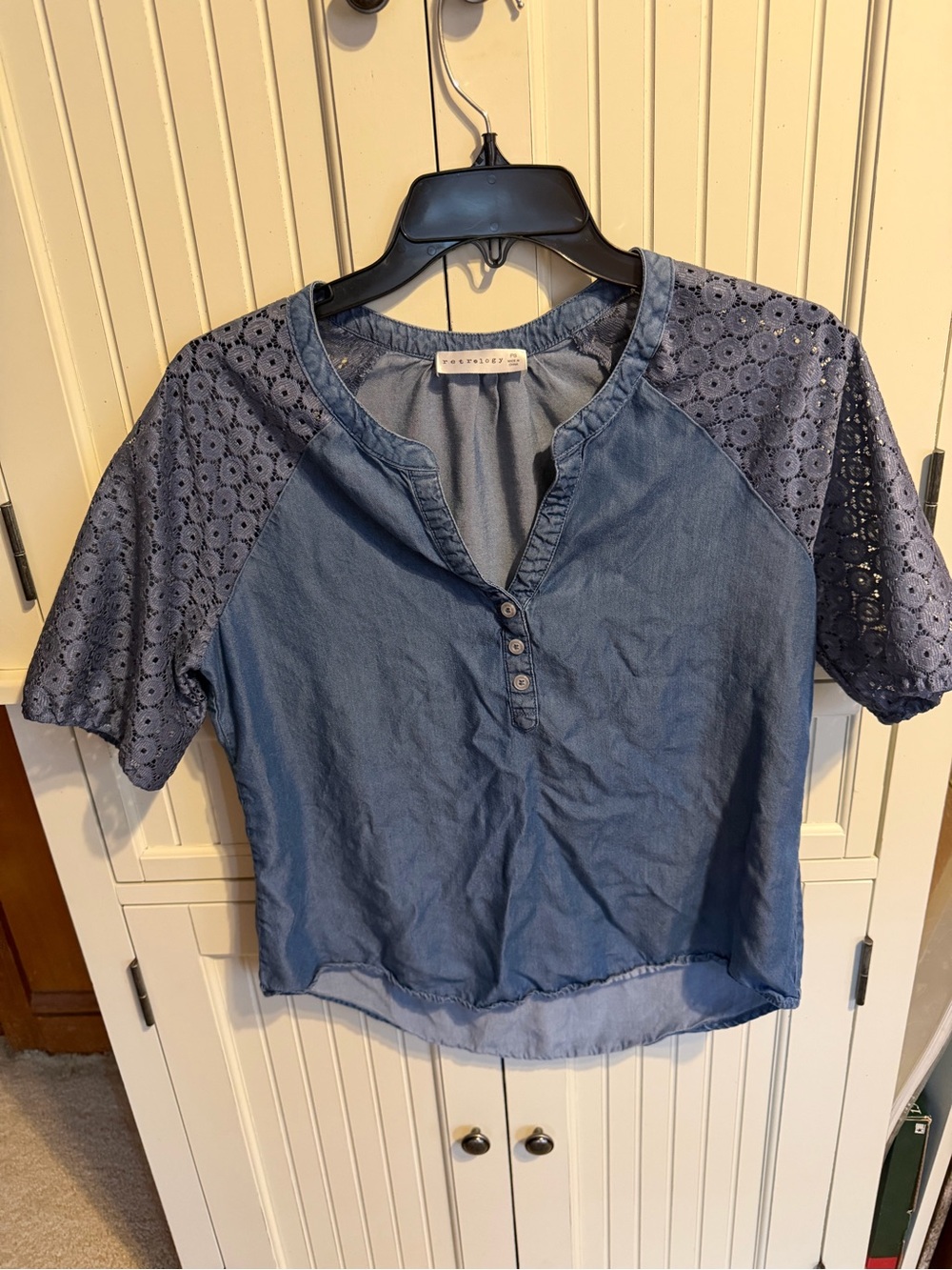 Women's Blue Eyelet Sleeve Top